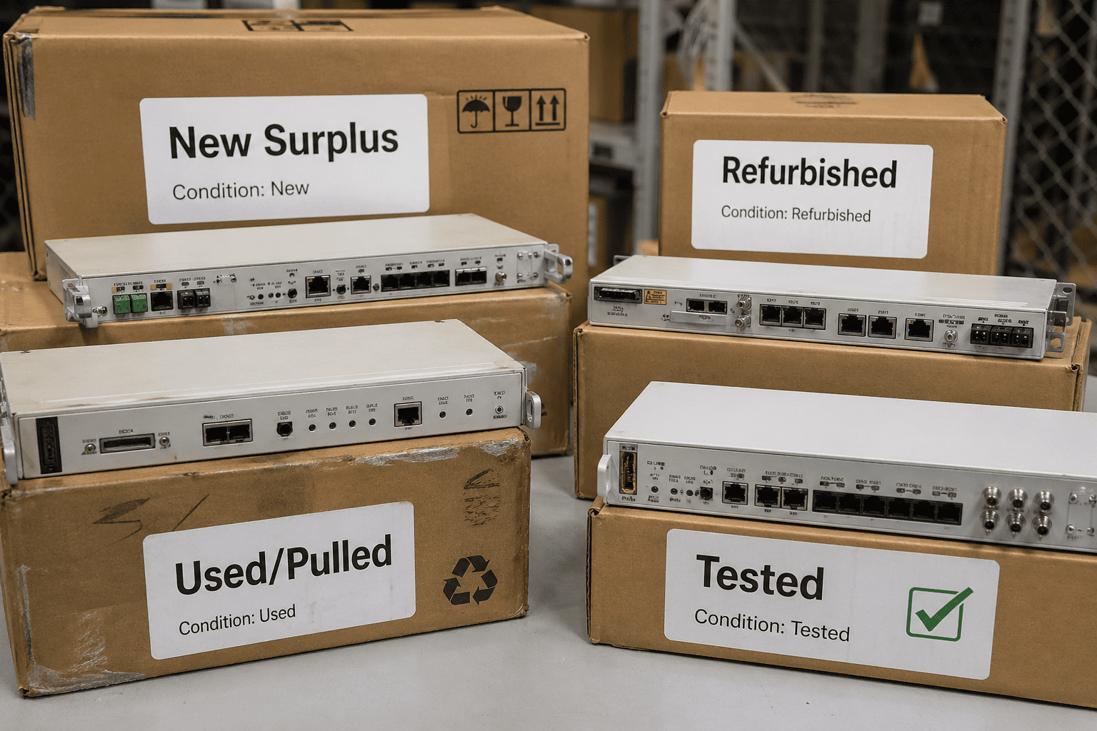 Close-up of different condition labels on equipment boxes