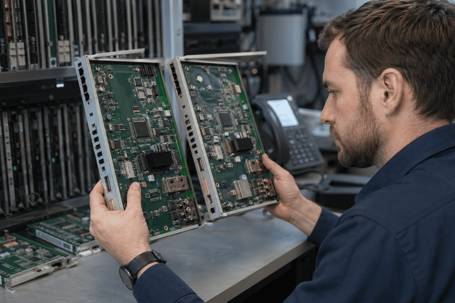 A network engineer comparing two seemingly identical circuit boards