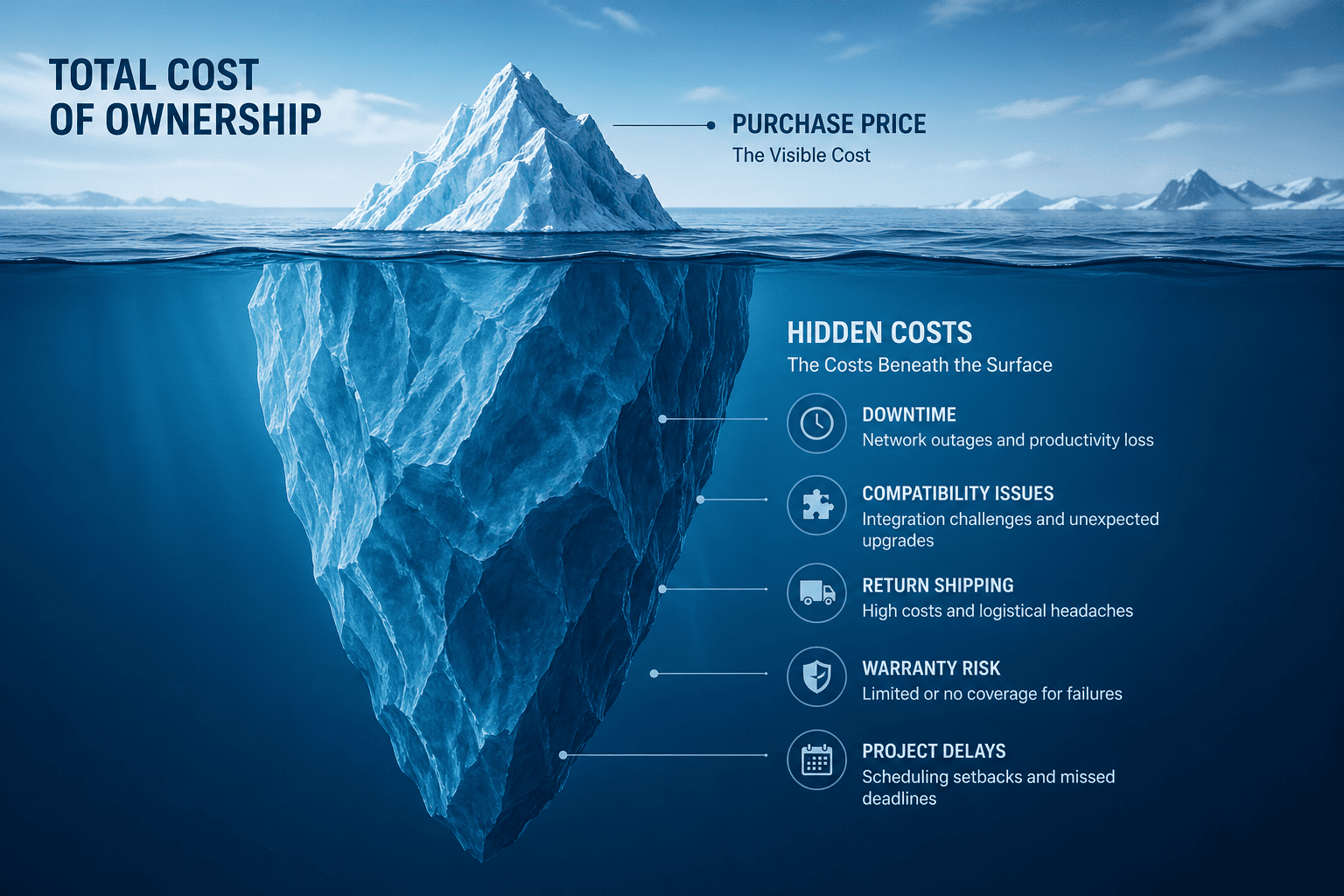 An iceberg with the price visible above water and hidden costs submerged below