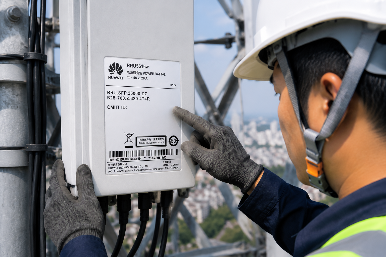 A technician checking an RRU nameplate on a telecom tower